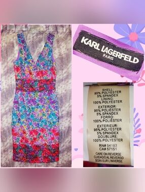 Karl Lagerfeld Multiclr Floral Print V-Neck Bodycon Soft Ponte Knit Dress Sz Med